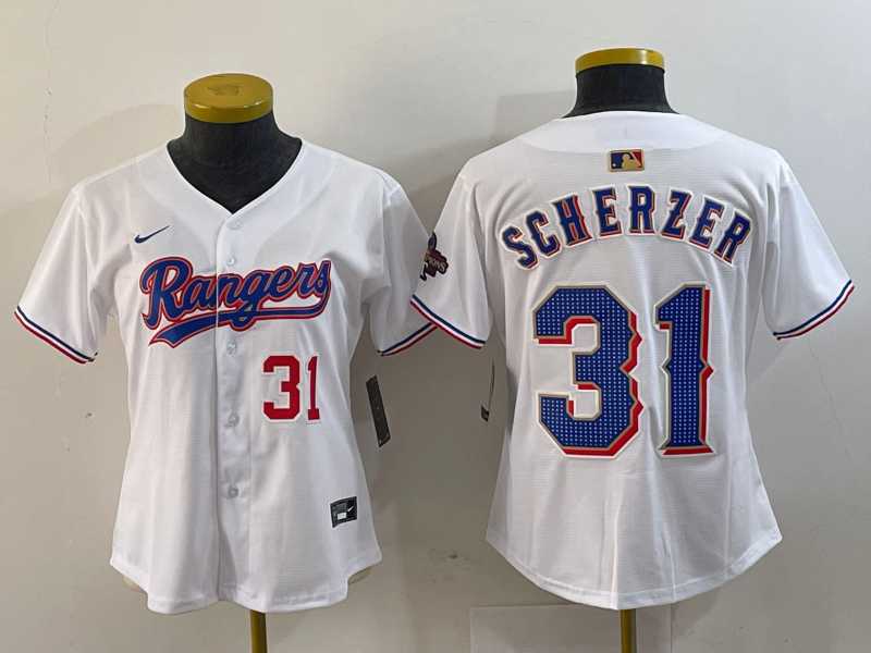 Women%27s Texas Rangers #31 Max Scherzer Number White 2024 Gold Collection Limited Cool Base Jersey->mlb womens jerseys->MLB Jersey